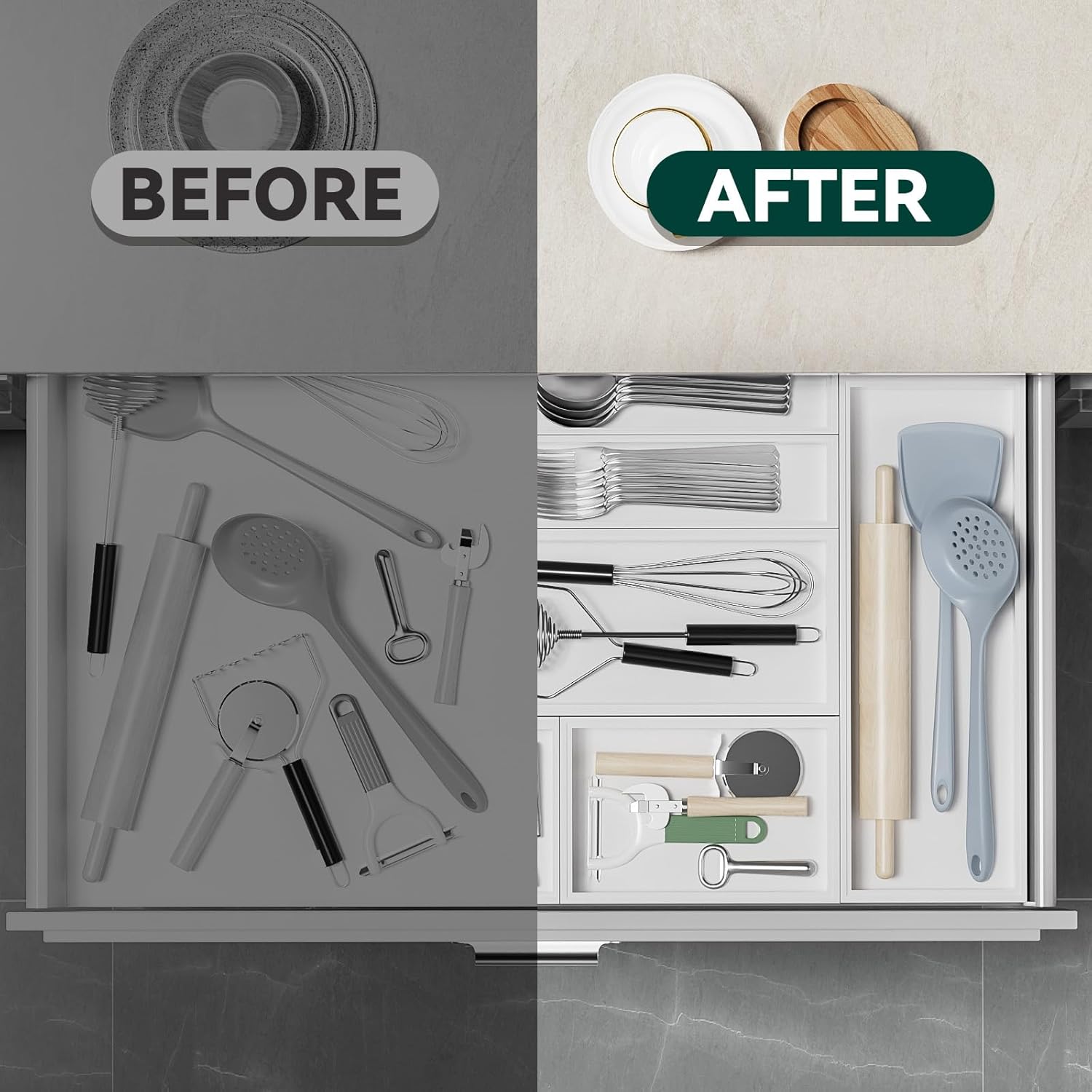 Bamboo Drawer Organizer, Narrow Silverware Organizer for Kitchen, Stackable Utensil Organizer, 2 Pcs Flatware Organizer for Drawer, Wooden Storage Box Tray (White, 12 X 3 X 2 Inch)