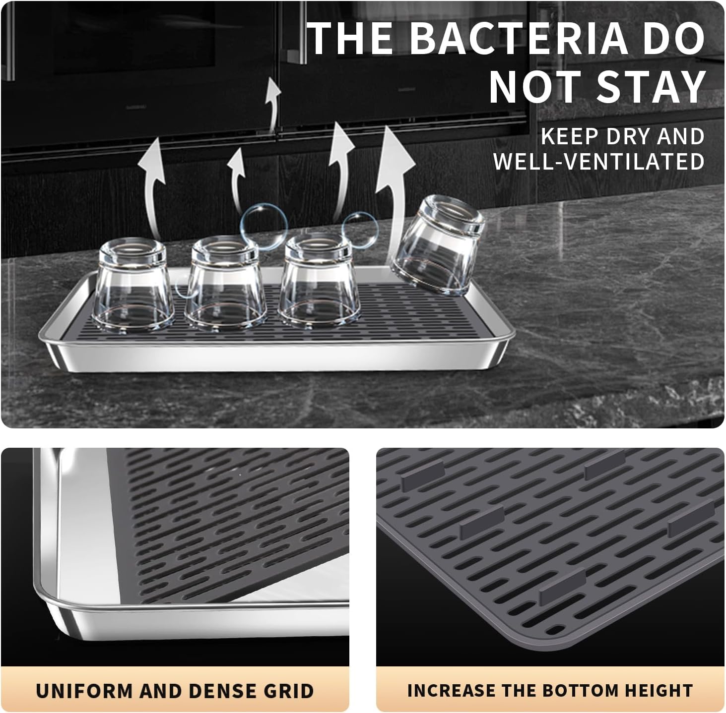 Stainless Steel Drain Tray, Cup & Dish Drying Rack, Drain Board 2 Tier Non Slip Serving Tray with Drainboard Perfect for Sink, Coffee Table, Outdoor (12.5 x 9.8 x 0.98 in)