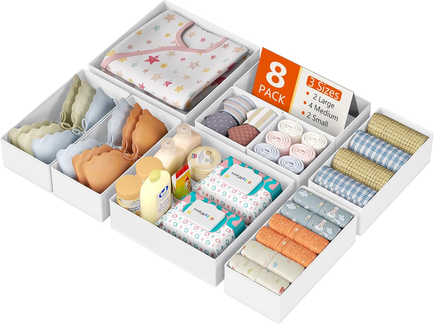 DIMJ Drawer Organizer Clothes, 8 Pack Dresser Organizer, Foldable Closet Organizers and Storage, Fabric Dresser Bins, Drawer Dividers for Nursery, Baby Clothes, Underwears, Sock (white)