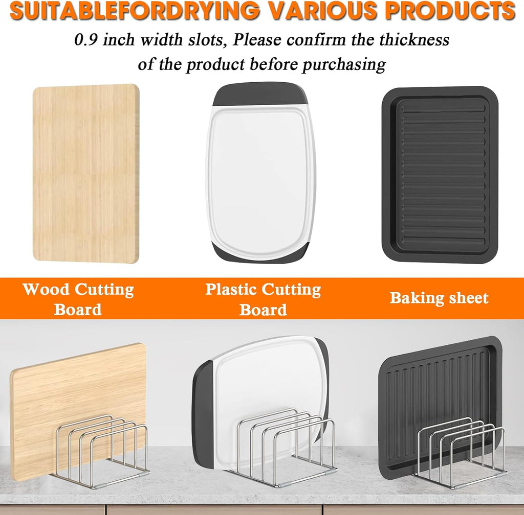 304 Stainless Steel Cutting Board Organizer Rack – Rustproof Compact 4-Slot Holder for Thin Cutting Boards and Plates – Premium Kitchen Storage Solution for Countertops and Cabinets