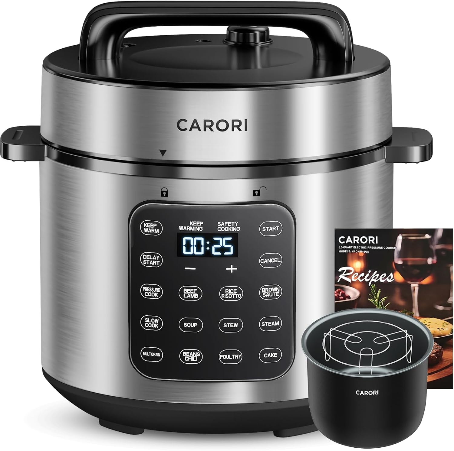 9-in-1 Electric Pressure Cooker 6 Qt, Programmable Multi-Function with Safer Vent, Olla de Presion, Rice Cooker, Slow Cooker, Steamer, Sauté, Warmer & Sterilizer, 1000W, Stainless Steel