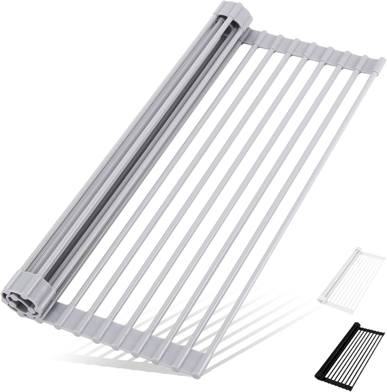 Roll Up Dish Drying Rack Over The Sink Kitchen Roll Up Sink Drying Rack Multipurpose Foldable Sink Drying Mat, Heat-Resistant, Anti-Slip & Anti-Rust Dish Rack for Kitchen, 17" x 13", Grey