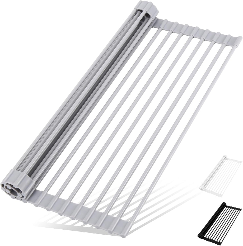 Roll Up Dish Drying Rack Over The Sink Kitchen Roll Up Sink Drying Rack Multipurpose Foldable Sink Drying Mat, Heat-Resistant, Anti-Slip & Anti-Rust Dish Rack for Kitchen, 20.5" x 13", Grey
