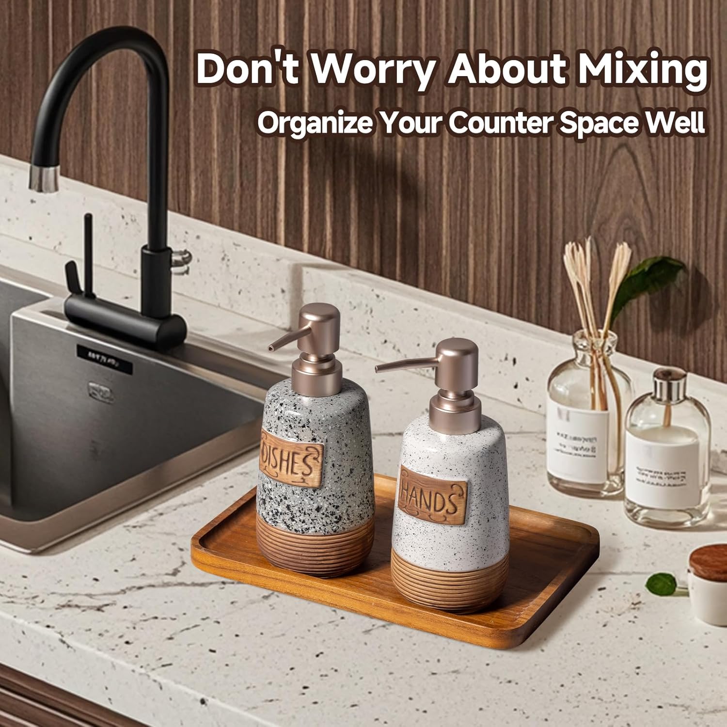Hand and Dish Soap Dispenser Set, Farmhouse Ceramic Soap Dispenser for Kitchen Sink, 15 OZ Vintage Hand Wash Liquid Dispenser for Bathroom Rustic Boho Modern Kitchen Decor Accessories