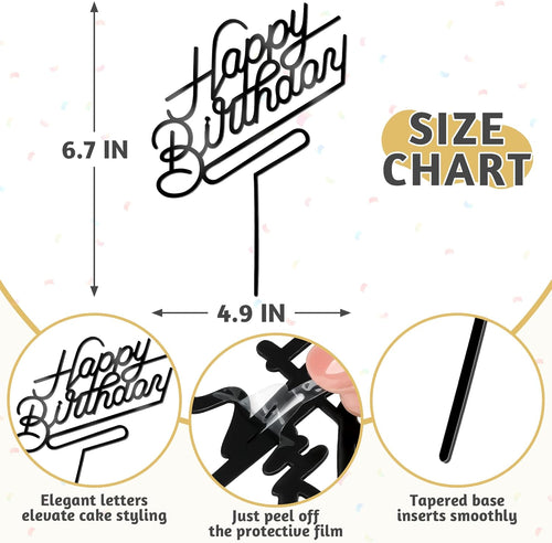 1 PCS Black Happy Birthday Cake Topper, 4.9 x 6.7 Inches Classic Birthday Cake Toppers, Acrylic Happy Birthday Cake Sign, Anniversary Cake Decorations for Party Supplies and Photo Booth Props