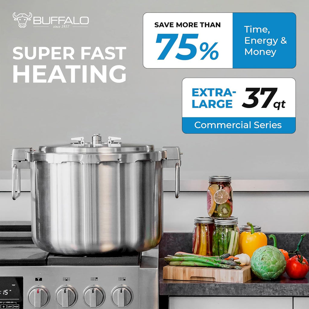 Buffalo 37 Quart Stainless Steel Pressure Cooker Extra Large Canning Pot with Rack and Lid for Commercial Use - Easy to Clean Stove Top Pressure Canner, Can Cooker - Safety Goods Certificate QCP435