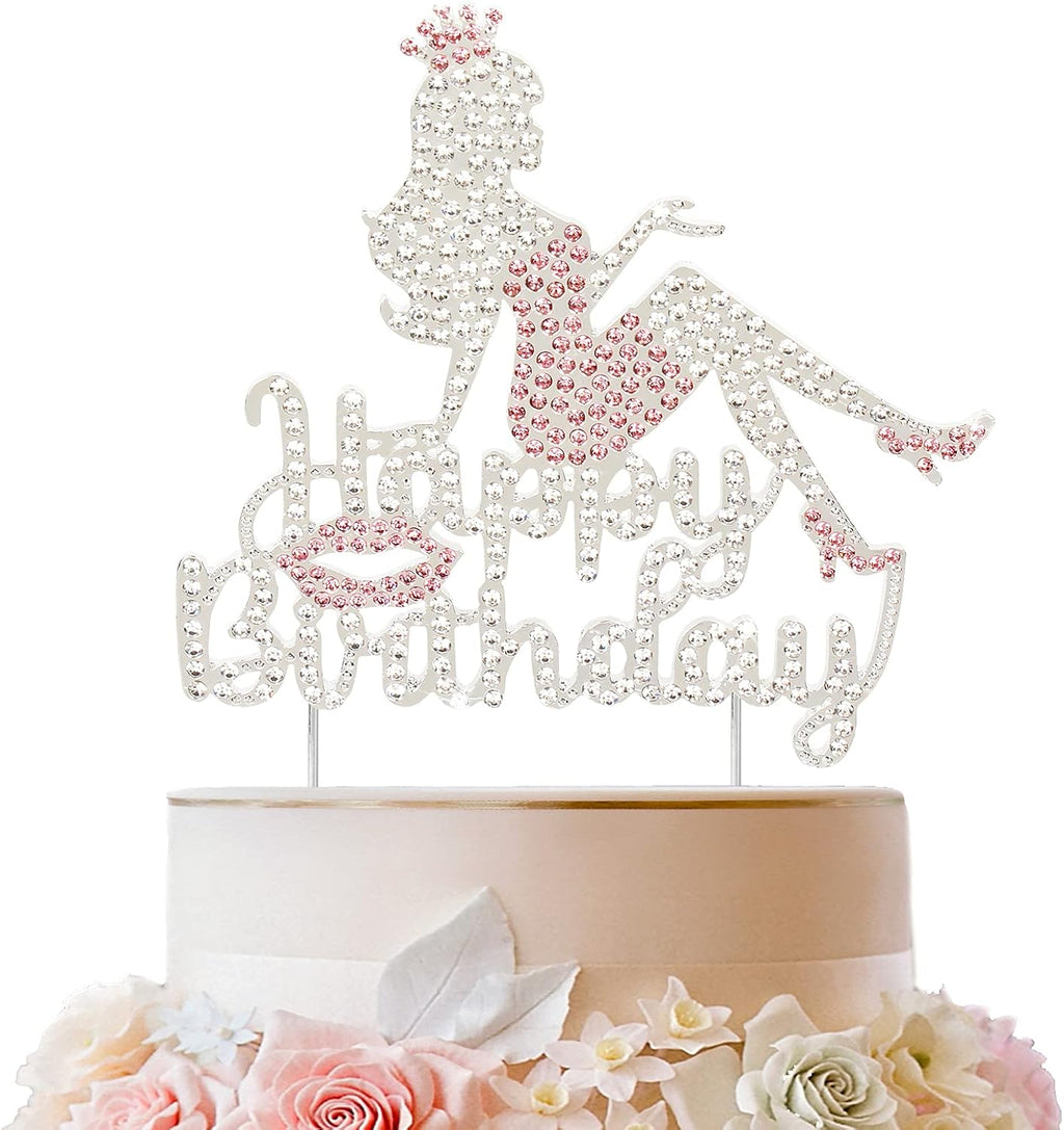 LINGTEER Happy Birthday Crown Queen Lady Rhinestone Cake Topper - Cheers to Makeup Spa Birthday Party Cake Centerpieces Decorations Gift Sign - Pink.