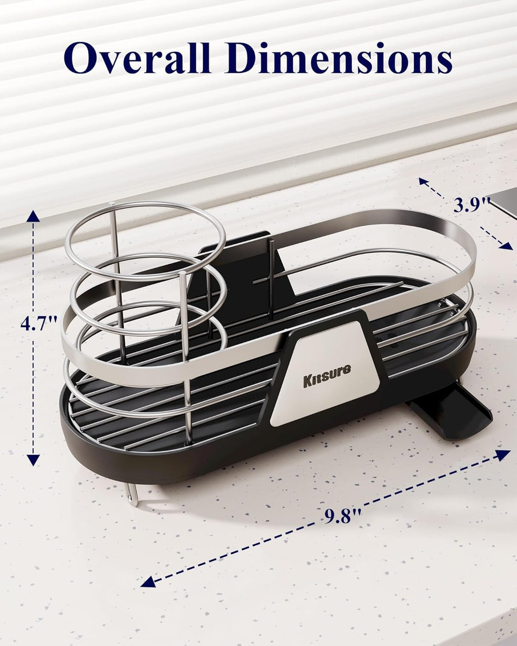 Kitsure Sponge Holder for Kitchen Sink - Space-Saving Kitchen Sink Caddy, Rustproof Metal Organizer with Removable Brush Holder, 9.8"×3.9"×4.7", Black