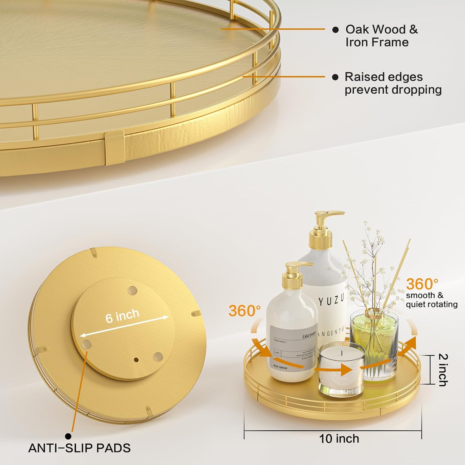 10" Gold Lazy Susan for Table Top, Oak Wood Lazy Susan Turntable Organizer for Dining Coffee Table Centerpiece Bar Decor Kitchen Countertop Bathroom Vanity Decorative Tray for Perfume Jewelry Round