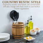 MyGift Wine Barrel Design Kitchen Utensil Crock, Light Brown Solid Bamboo Wood Cooking Tool Holder