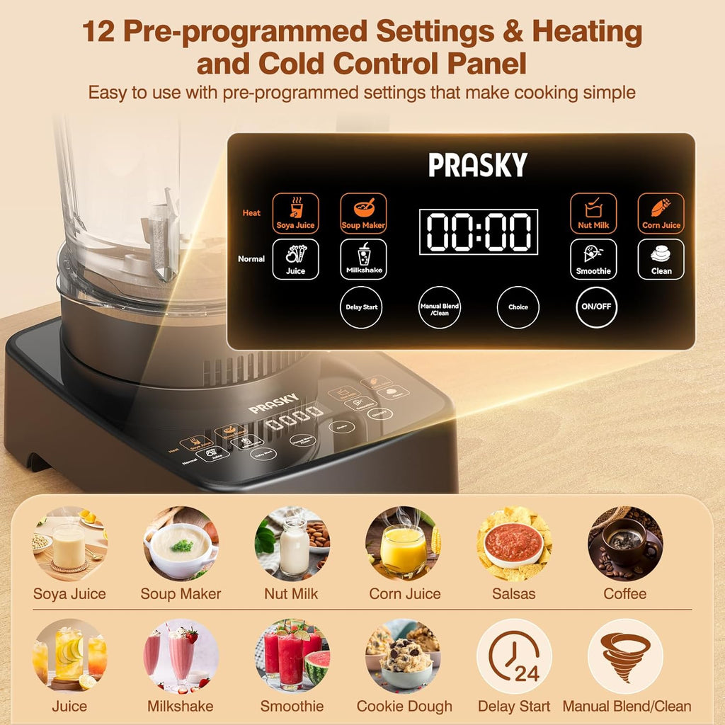 Blenders for Kitchen with Heating, PRASKY 1000W 55oz Glass Blender, 25000 RPM High Speed Professional Blender for Smoothies Shake Juice, Keep Warm & Auto Clean for Ice Crushing Soups Sauces (Black)