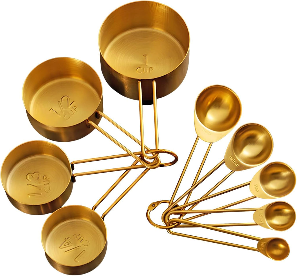 Stainless Steel Measuring Cups and Spoons Set, 9 Piece with Engraved Marks, Food Safe, Easy Stack Gold Measuring Set for Baking and Cooking