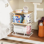 Extra Large 2 Pack Stackable Pantry Organizers - Laundry Room Organization & Decor, Kitchen Decor, Wall Mount Trash Bag Holder with Bamboo Top, White