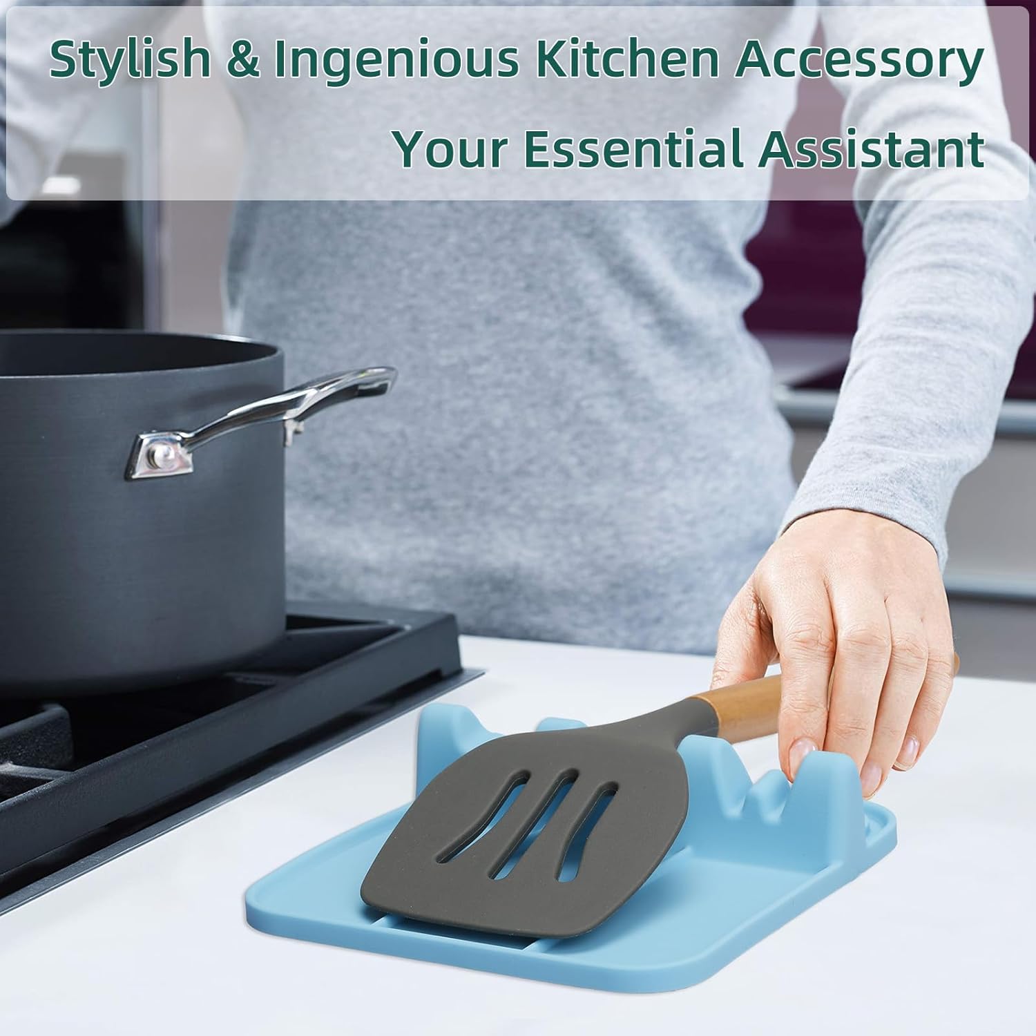 Spoon Rest, Silicone Spoon Holder for Stove Top with Drip Pad Suitable for Multiple Kitchen Gadgets, 3-Groove Upgraded Utensil Rest for Kitchen Counter, Heat-Resistant Dishwasher Safe, Lake Blue