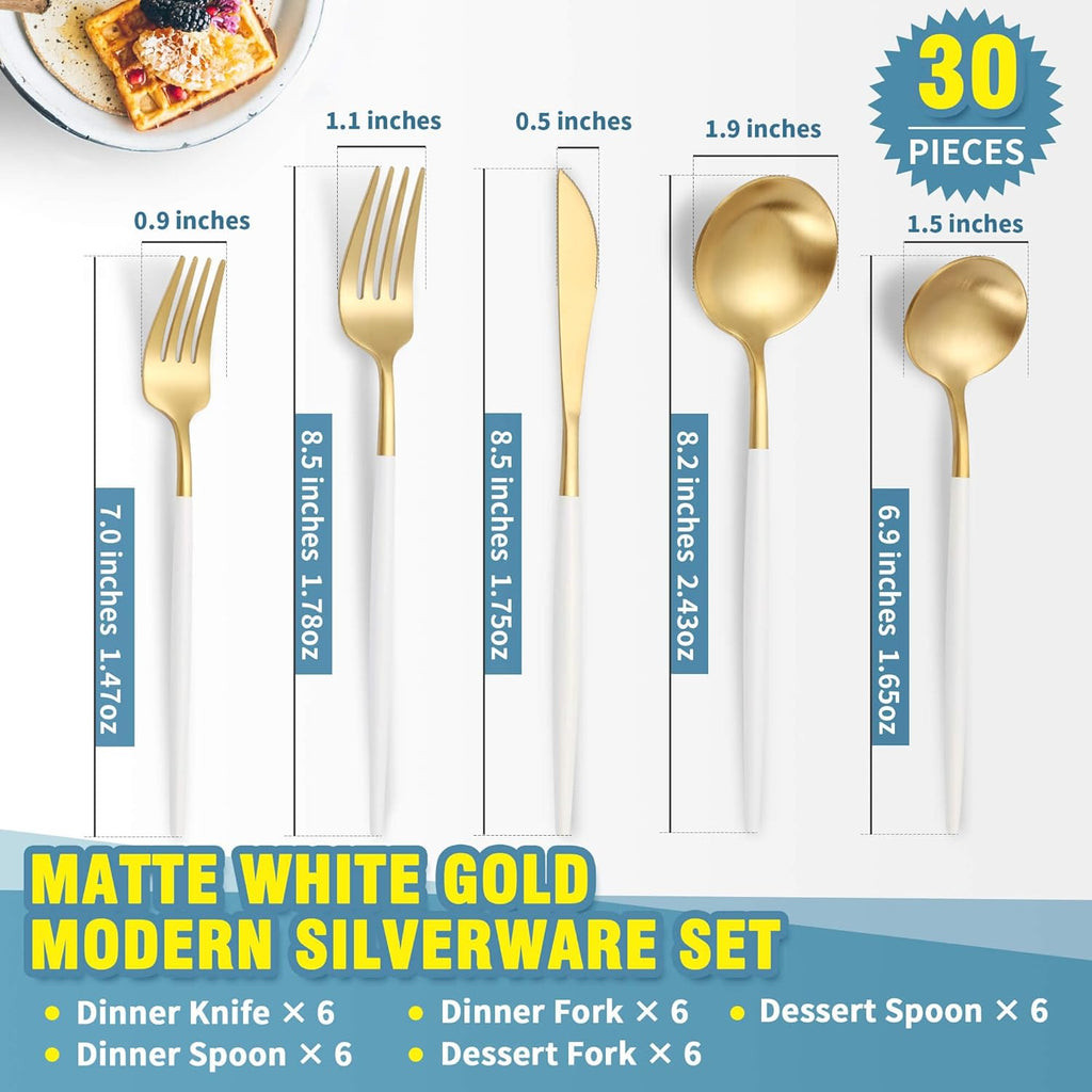 Matte White Gold Silverware Set for 6,Modern Stainless Steel Brushed Cutlery Set,30-Pieces Heavy Duty Flatware Set,Knives Spoons and Forks Set Utensils Set, Satin Finish, Dishwasher Safe