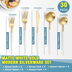 Matte White Gold Silverware Set for 6,Modern Stainless Steel Brushed Cutlery Set,30-Pieces Heavy Duty Flatware Set,Knives Spoons and Forks Set Utensils Set, Satin Finish, Dishwasher Safe