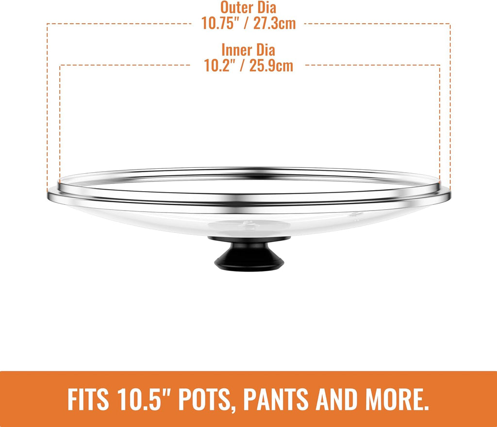 Tempered Glass Lids for Pots and Pans, Cast Iron Skillet Lid 10.5 Inch, Round Frying Pan Lid, Replacement Pan Cover, Crock Pot Lid with Stainless Steel Rim, Dishwasher Safe, Cookware Pot Covers