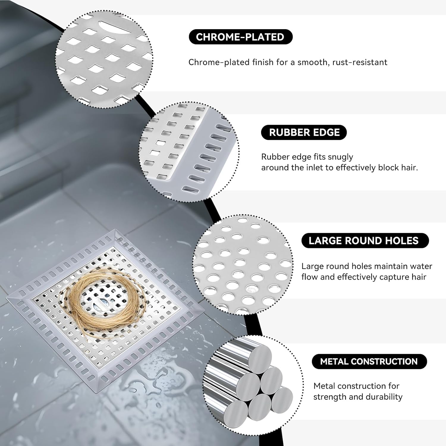 Makerfire 2PCS Shower Drain Hair Catcher, 4.72'', Flat Shower Drain Cover/Filter, Bathroom/Kitchen Sink Drain Strainer, Stainless Steel and Silicone