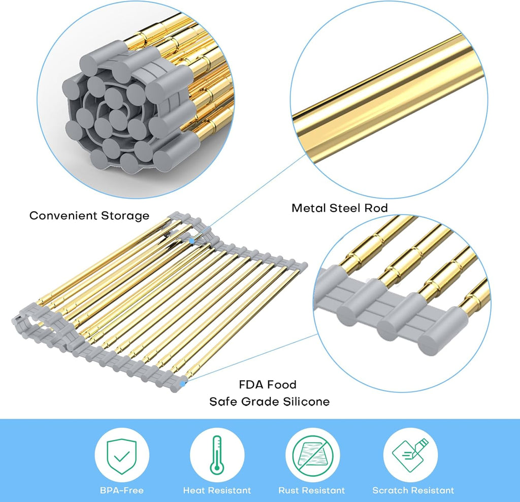 Large Expandable Roll Up Dish Drying Rack, Heat-Resistant Dish Drainer for Stainless Steel Sinks, Over The Sink Non-Slip Silicone Rollable Dish Drainer Roll Rack 18 Tube Gray Silicone & Gold Tube