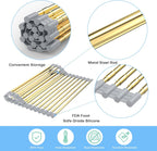 Large Expandable Roll Up Dish Drying Rack, Heat-Resistant Dish Drainer for Stainless Steel Sinks, Over The Sink Non-Slip Silicone Rollable Dish Drainer Roll Rack 18 Tube Gray Silicone & Gold Tube