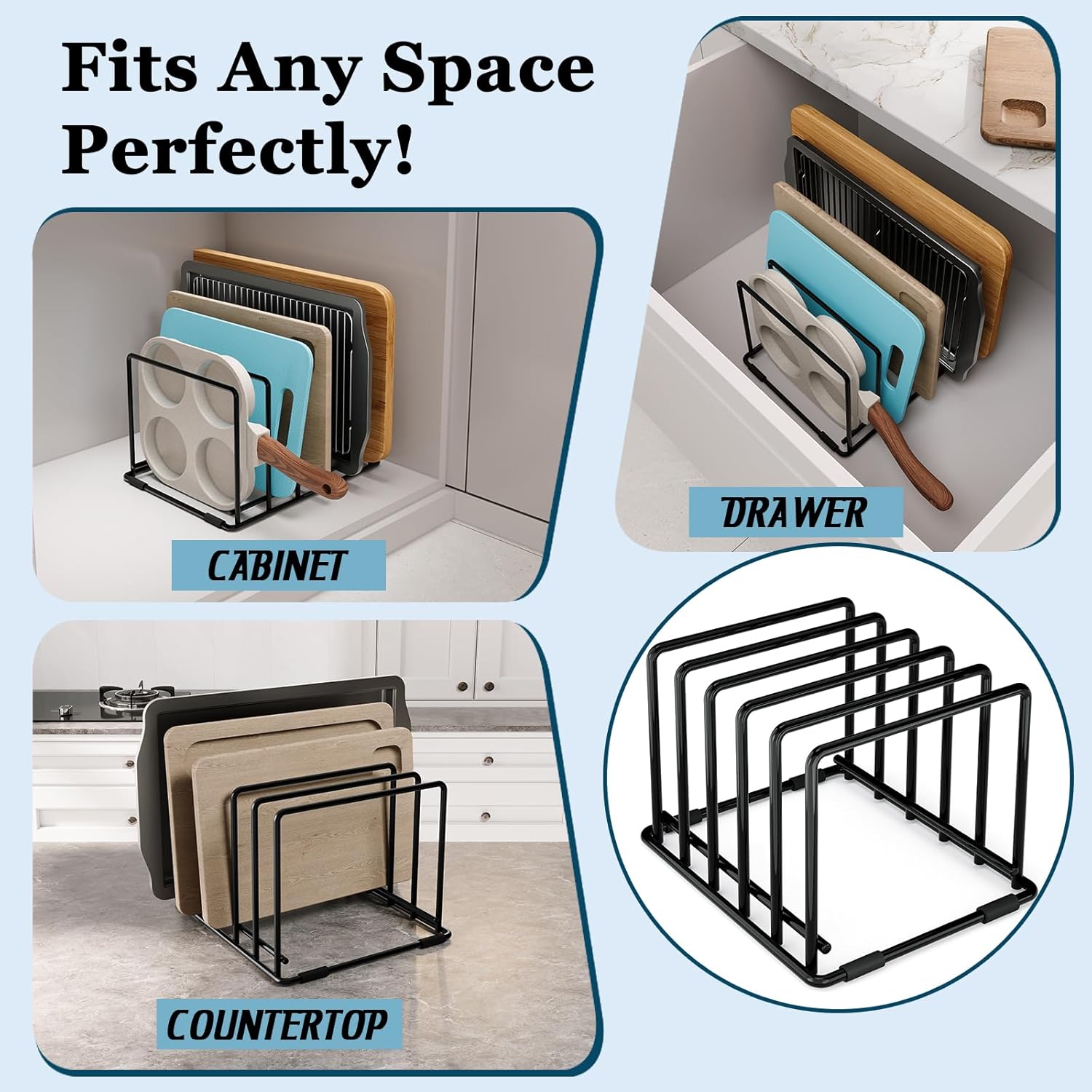 2-Pack Cutting Board Organizer, 5-Slot Steel Kitchen Storage Rack for Cutting Boards, Baking Trays, and Thin Pans - Compact Clutter-Free Solution