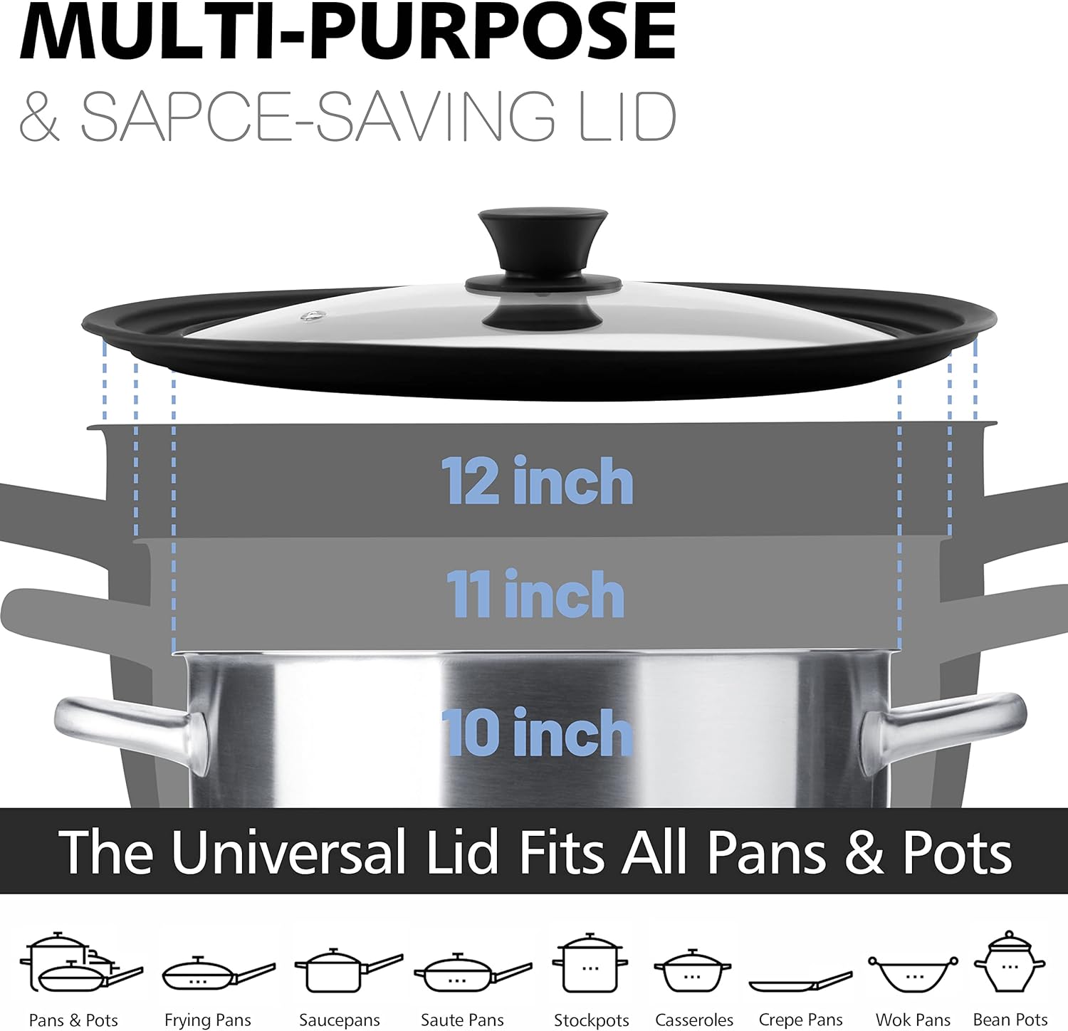Anaeat Silicone Universal Lid for Pots, Pans and Skillets - Tempered Glass Covered with Heat Resistant Silicone Rim Fits 10", 11" and 12" Diameter Cookware -Easy to Use Replacement Frying Pan Cover