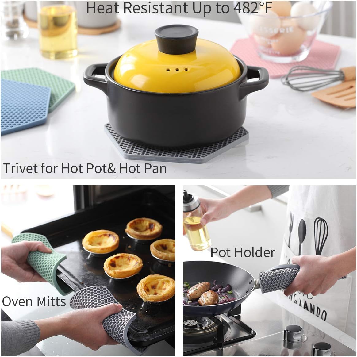 4 Packed Silicone Trivet Mats - DIY Different Size Dish Drying Mat, Hot Pot Holder for Pots & Pans, Non-Slip & Heat Resistant Kitchen Hot Pads for Countertops & Table, Black