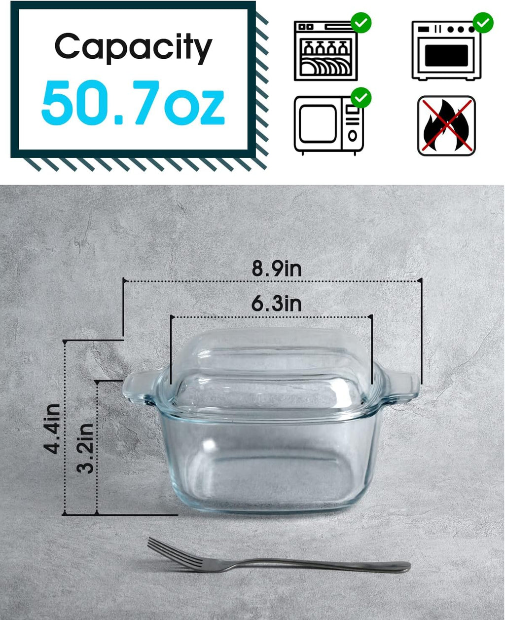 NUTRIUPS 1.5L Glass Casserole Dish with Lid Square Casserole Dish Glass Oven Bakeware Microwave Safe Dish with Lid