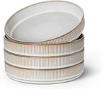E-far Pasta Bowls Set of 4, 35oz Large Salad Bowl Plate for Dinner Serving Soup, Wide & Shallow Ceramic Stoneware Pasta Plates, Microwave & Dishwasher Safe, Reactive Glaze Texture-Stripe, Creamy Beige