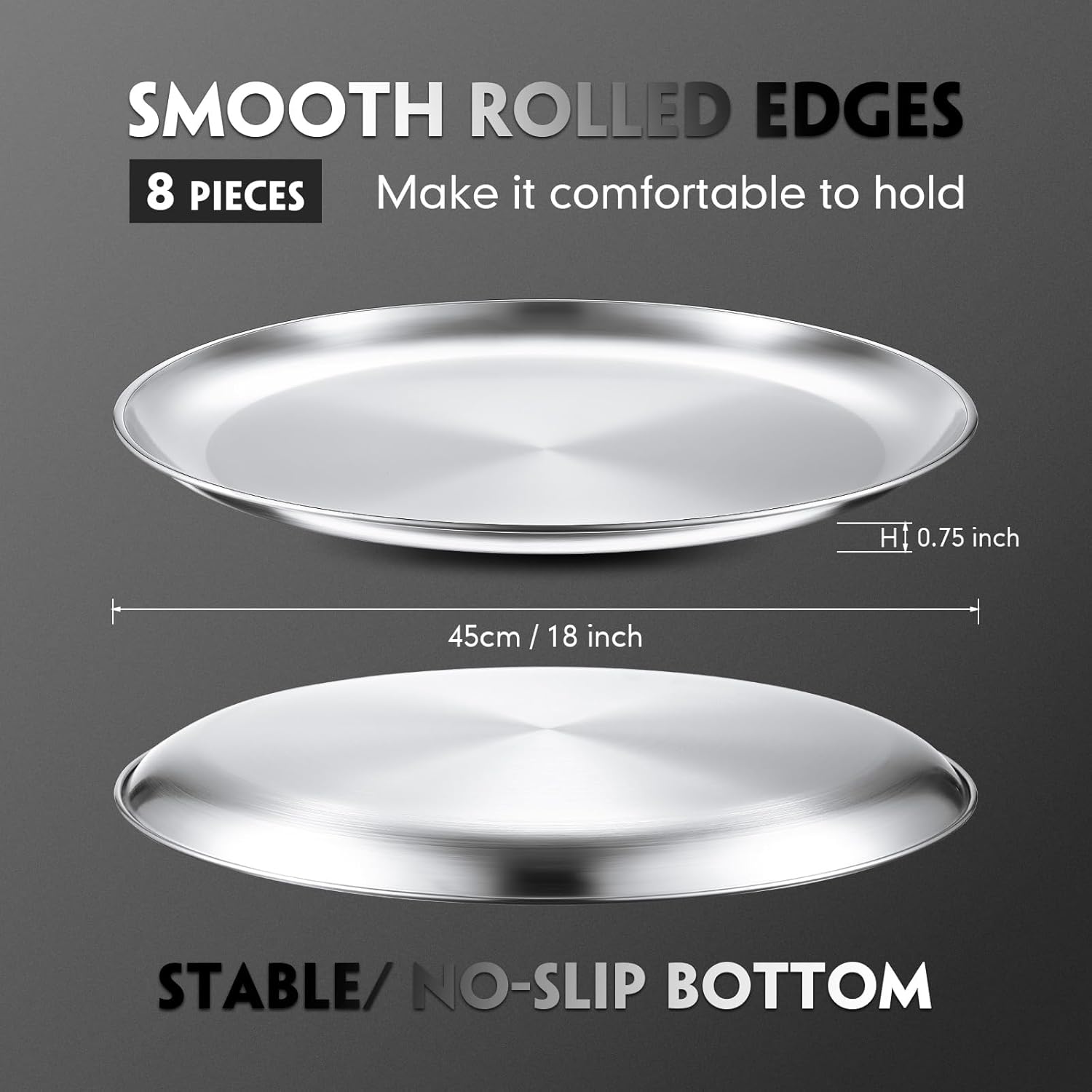 Thenshop 8 Pieces 18 Inch Pizza Pans Bulk Stainless Steel Sets Round Bakeware Pizza Trays for Oven Kitchen Baking Home Restaurant Safe Sturdy Reusable Easy Clean(Matte Silver)