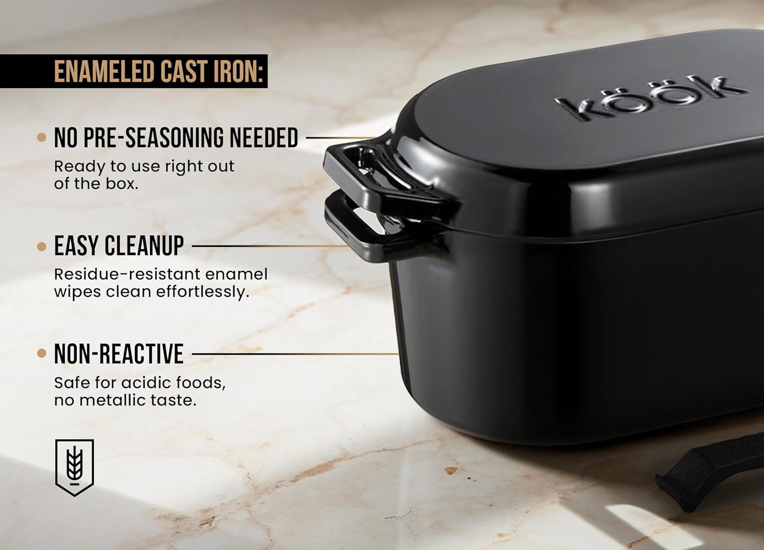 KooK Dutch Oven, Oven for Sourdough Bread Baking, with Lid, Dual Handles, Enameled Cast Iron, includes Lid Lever, Great for Baking Bread, Cooking and Roasting, Dishwasher Safe, 3.4 Qt, Black