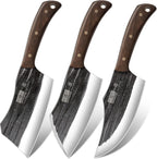 HOSHANHO Butcher Knife Set, 3-Piece High Carbon Steel Serbian Chef Knife Set of Heavy Duty Boning Knife & Meat Cleaver Knives & Viking Knives for Home, Cooking, Outdoor Camping BBQ