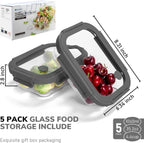 5-Pack Borosilicate Glass Containers with Tempered Lids, 35.2oz/4.4 Cup Airtight Meal Prep Set, Microwave/Freezer Safe (Gray)