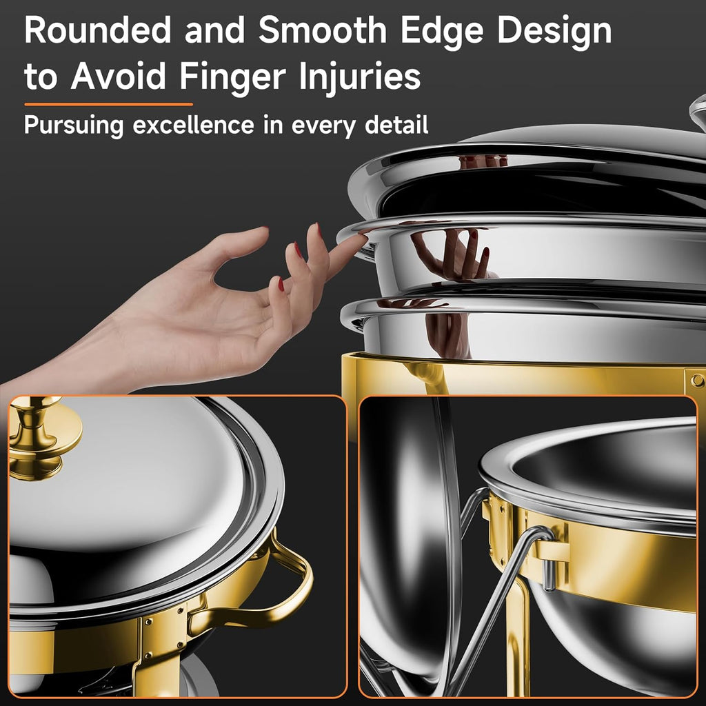 Chafing Dishes for Buffet, 4 Pack 5QT Round Stainless Steel Chafing Dish Set for Home Parties, Christmas Gatherings, Catering Events Complete Buffet Warmer Set (Golden 2)