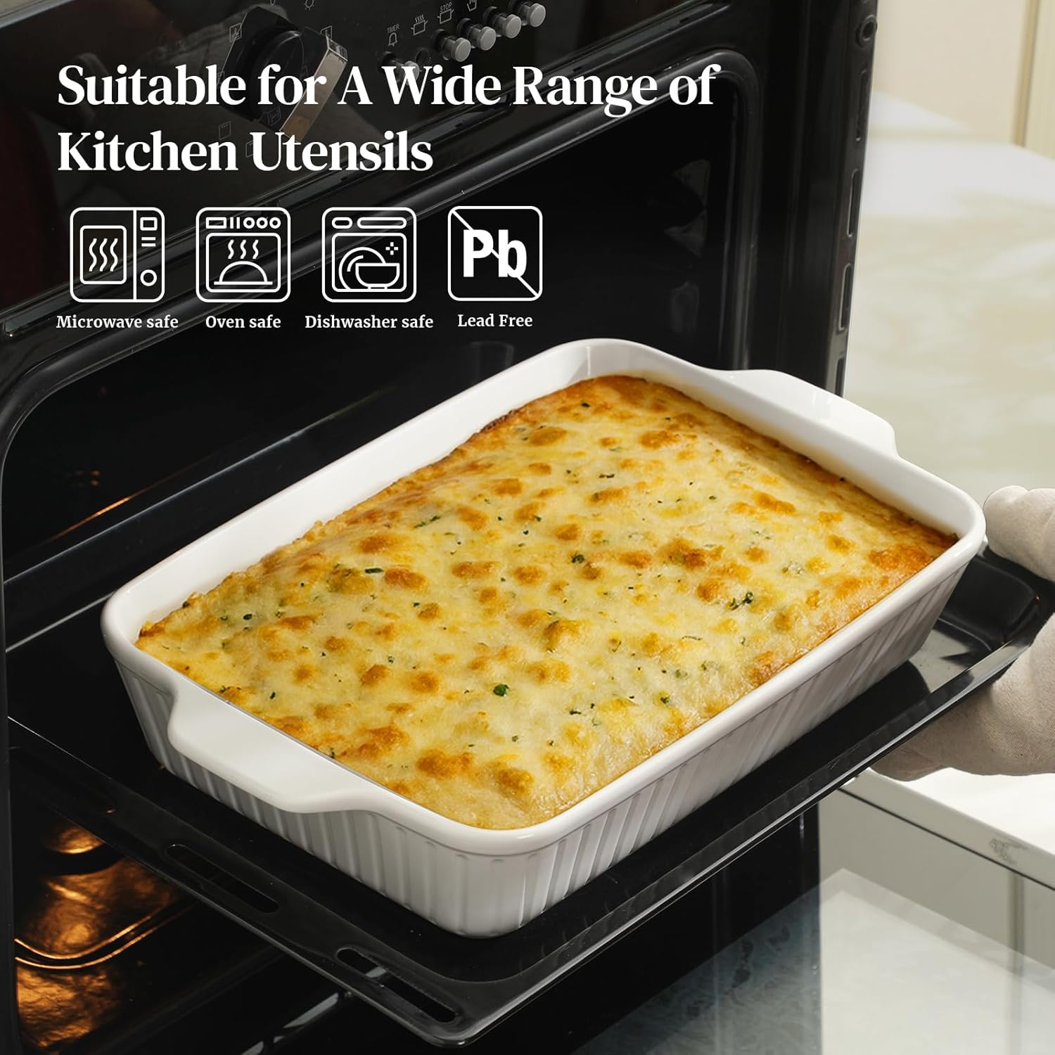 DOWAN Casserole Dishes for Oven, Baking Dishes Set, Ceramic Bakeware Sets of 3, Lasagna Pan Deep, Rectangular Baking Pan Set with Handles for Baking, Casserole, Kitchen, Wedding Gift, White (13''/8''/4'')
