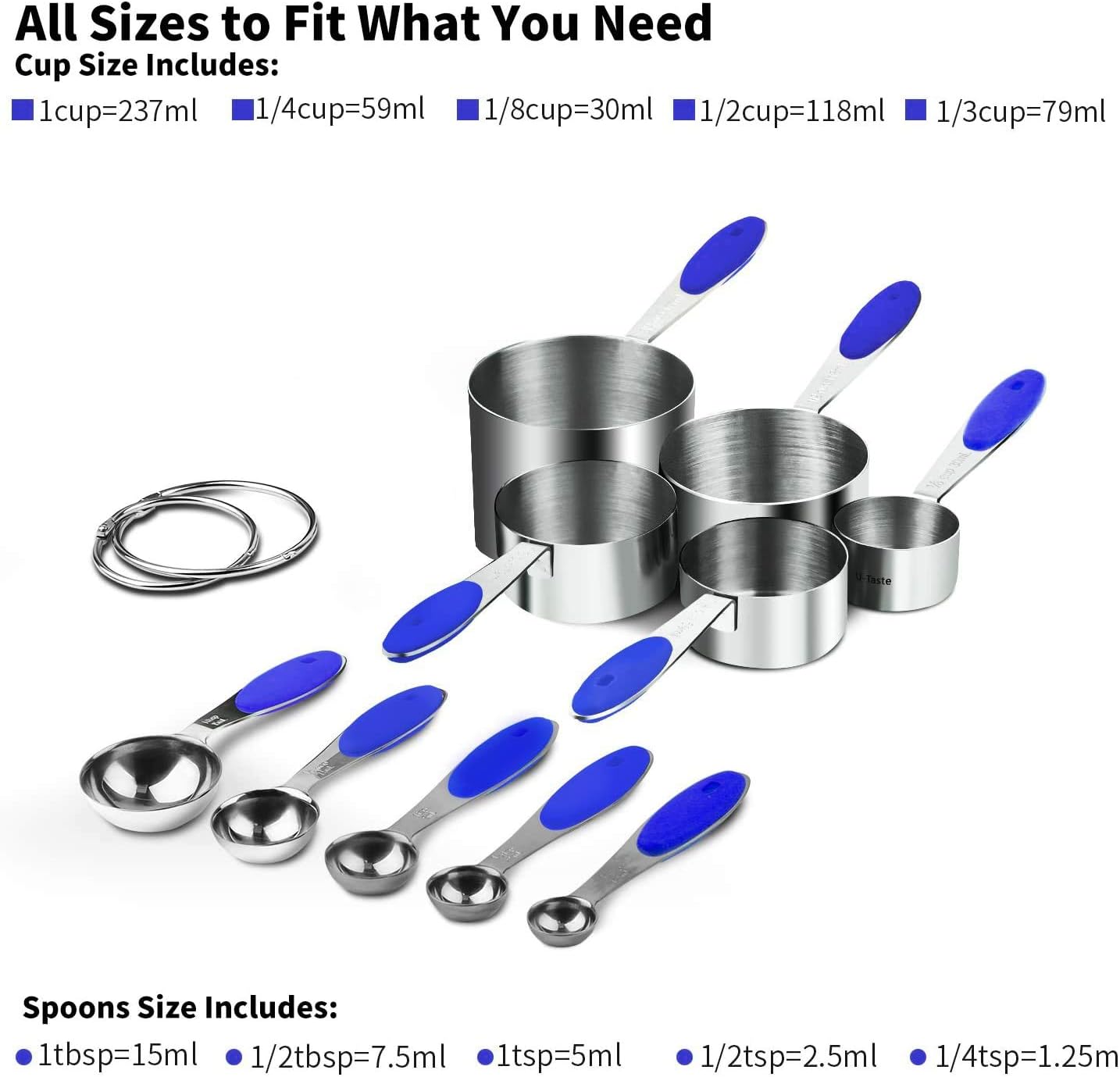Measuring Cups : U-Taste 18/8 Stainless Steel Measuring Cups and Spoons Set of 10 Piece, Upgraded Thickness Handle(Blue)