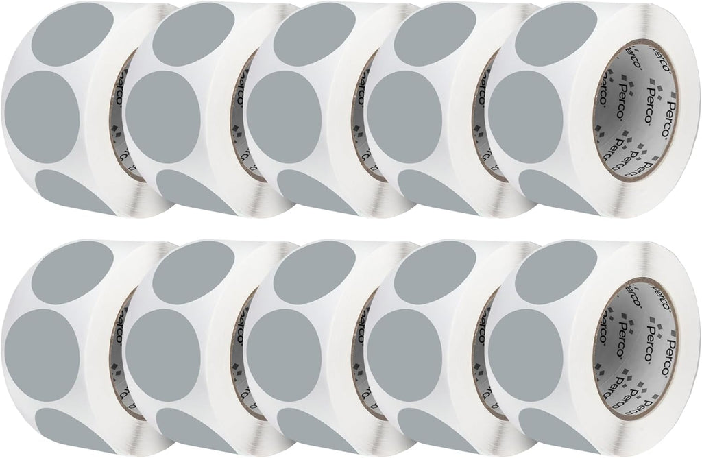 Perco Grey 3-Inch Perforated Circle Dot Sticker Labels — 10 Rolls, 5,000 Round Stickers — with Permanent Adhesive for Moving Boxes, Sale Signage, Displays, Status Messaging—Made in USA
