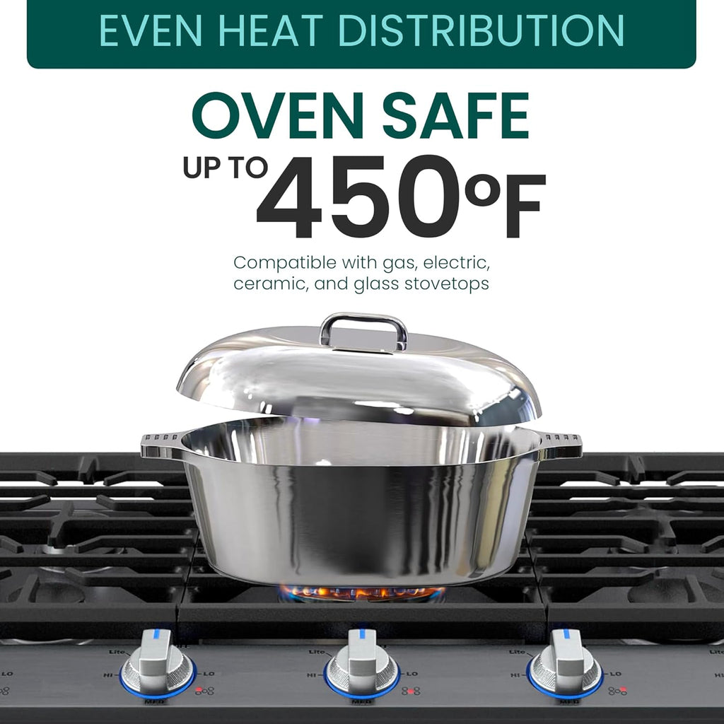 Cast Aluminum Oval Dutch Oven with Lid — 5 QT Heavy Duty Roaster Pan with Rack & Silicone Cover Dual Handles — Cajun Cookware for Roasting, Baking, Cooking (11" Small)