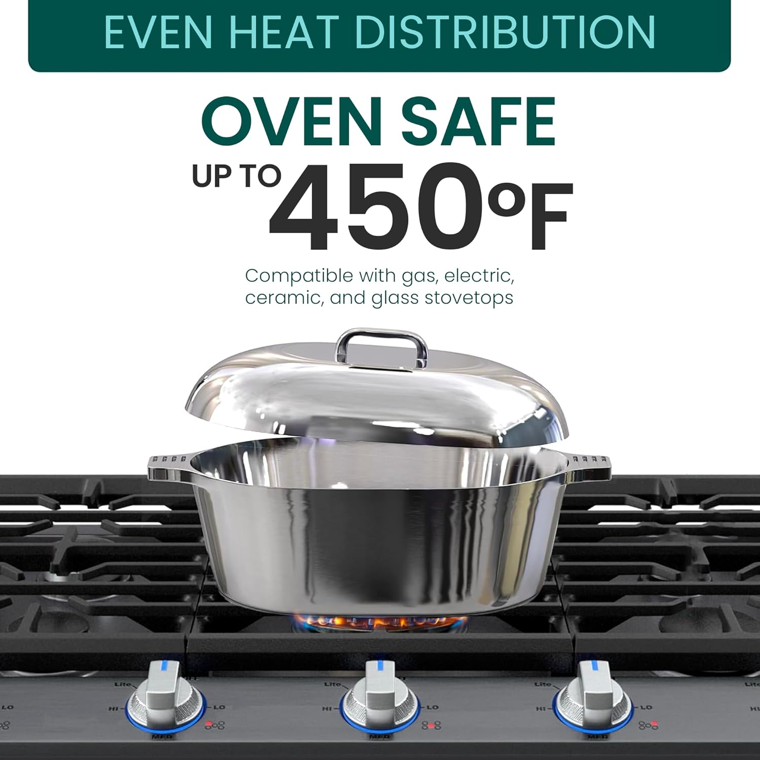 Cast Aluminum Oval Dutch Oven with Lid — 5 QT Heavy Duty Roaster Pan with Rack & Silicone Cover Dual Handles — Cajun Cookware for Roasting, Baking, Cooking (11" Small)