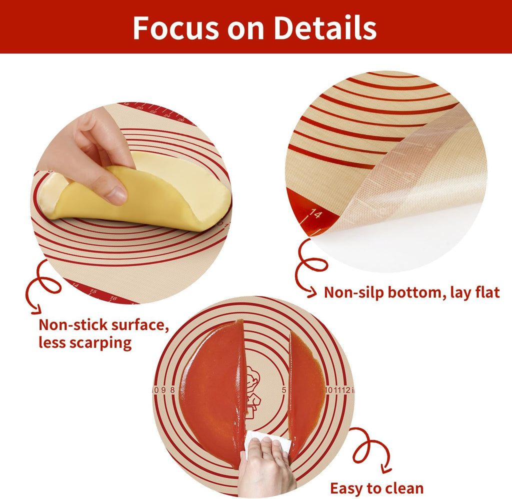 Non Stick Silicone Pastry Mat, Dough Mat for Rolling, Food-grade Reusable Baking Mat Fondant Mat Nonslip Kitchen Mat for Counter Oven Mat for Making Cookies Macarons Bread Pizza