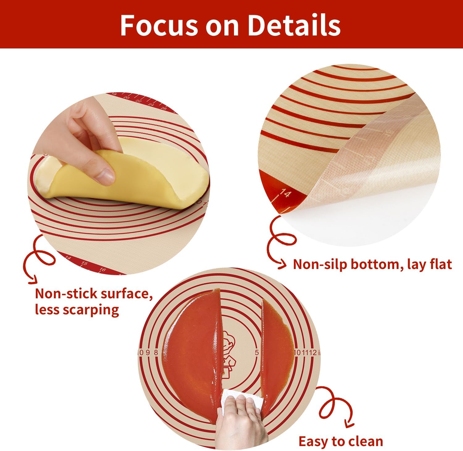 Non Stick Silicone Pastry Mat, Dough Mat for Rolling, Food-grade Reusable Baking Mat Fondant Mat Nonslip Kitchen Mat for Counter Oven Mat for Making Cookies Macarons Bread Pizza