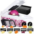 Ourokhome Vegetable Chopper Onion Cutter, 14 in 1 Professional Mandoline Slicer for Kitchen, Multifunctional Food Chopper for Potato, Tomato, Veggie with Strainer Basket, 10 Blades, Black