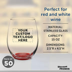 Custom Stemless Wine Glasses in Bulk by ARC Perfection, 15 oz, 50 pack, Personalized Text, Logo, Red or White Wine Glass Set, Red
