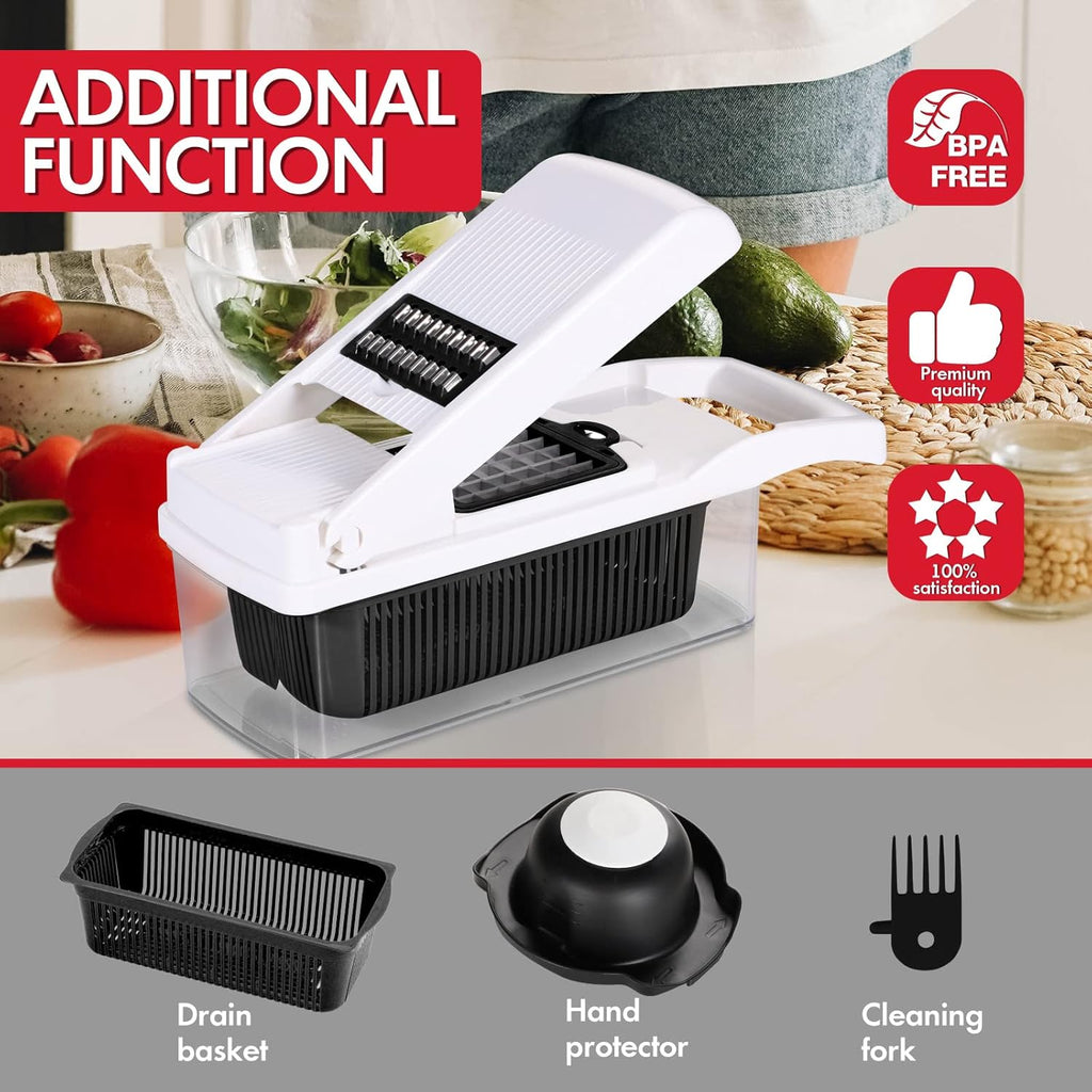 Ourokhome Vegetable Chopper Onion Cutter, 14 in 1 Professional Mandoline Slicer for Kitchen, Multifunctional Food Chopper for Potato, Tomato, Veggie with Strainer Basket, 10 Blades, Black