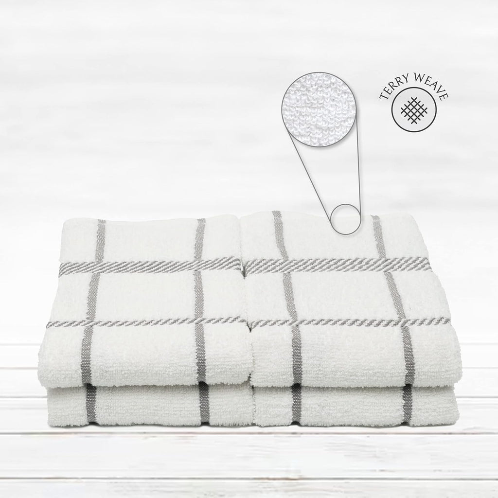 100% Cotton Terry Dish Towels, 4 Pack Checks, 16 x26 Inches, Super Soft and Absorbent Kitchen Towels, Perfect for Kitchen Cleaning and Dish Washing | Light Gray