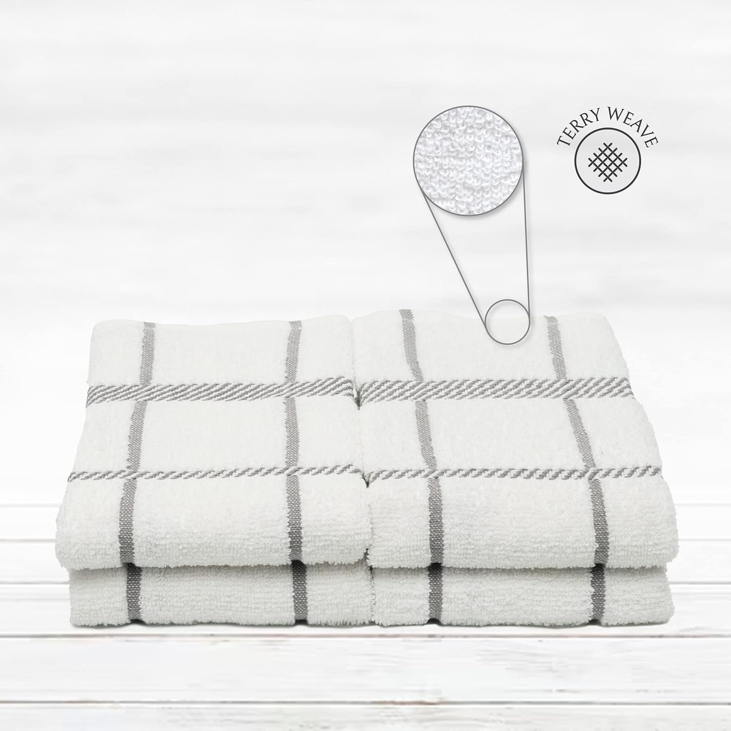 100% Cotton Terry Dish Towels, 4 Pack Checks, 16 x26 Inches, Super Soft and Absorbent Kitchen Towels, Perfect for Kitchen Cleaning and Dish Washing | Light Gray