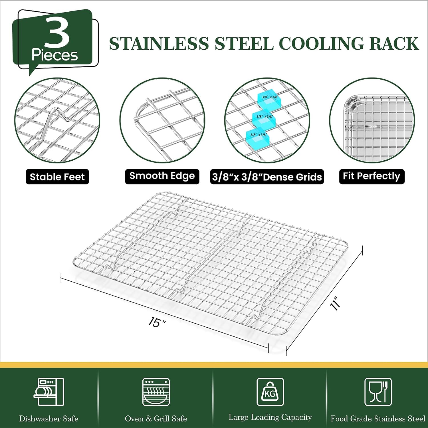 Stainless Steel Cookie Sheets, Baking Sheet Pan Set of 3 with Wire Cooling Rack, Non Stick and Heavy Duty and Easy Clean, 9/12/16 Inch
