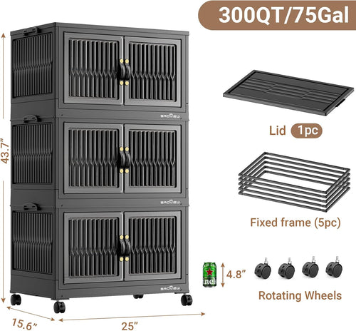 300Qt Stackable Storage Bins with Lid, Extra Large Closet Organizer Collapsible Drawer Boxes with Wheels, Folding Plastic Cabinet Containers for Home Kitchen Room Organization, 3Pack Black