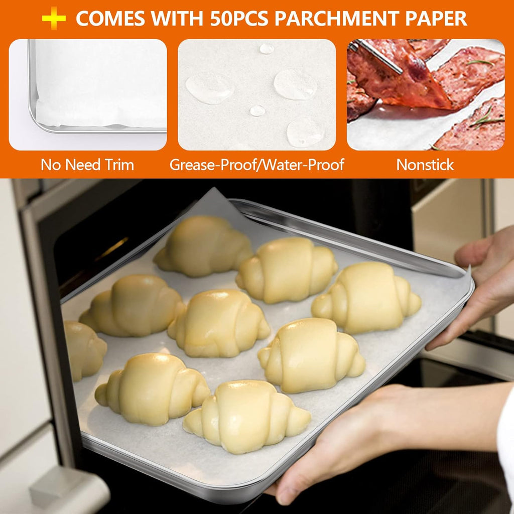 Small Baking Sheet Set of 2, E-far 10.5”x8.3” Stainless Steel Cookies Sheet Pan for Toaster Oven with 50 Parchment Paper, Rectangle Baking Tray for Cooking, Rust Free & Heavy Duty, Dishwasher Safe