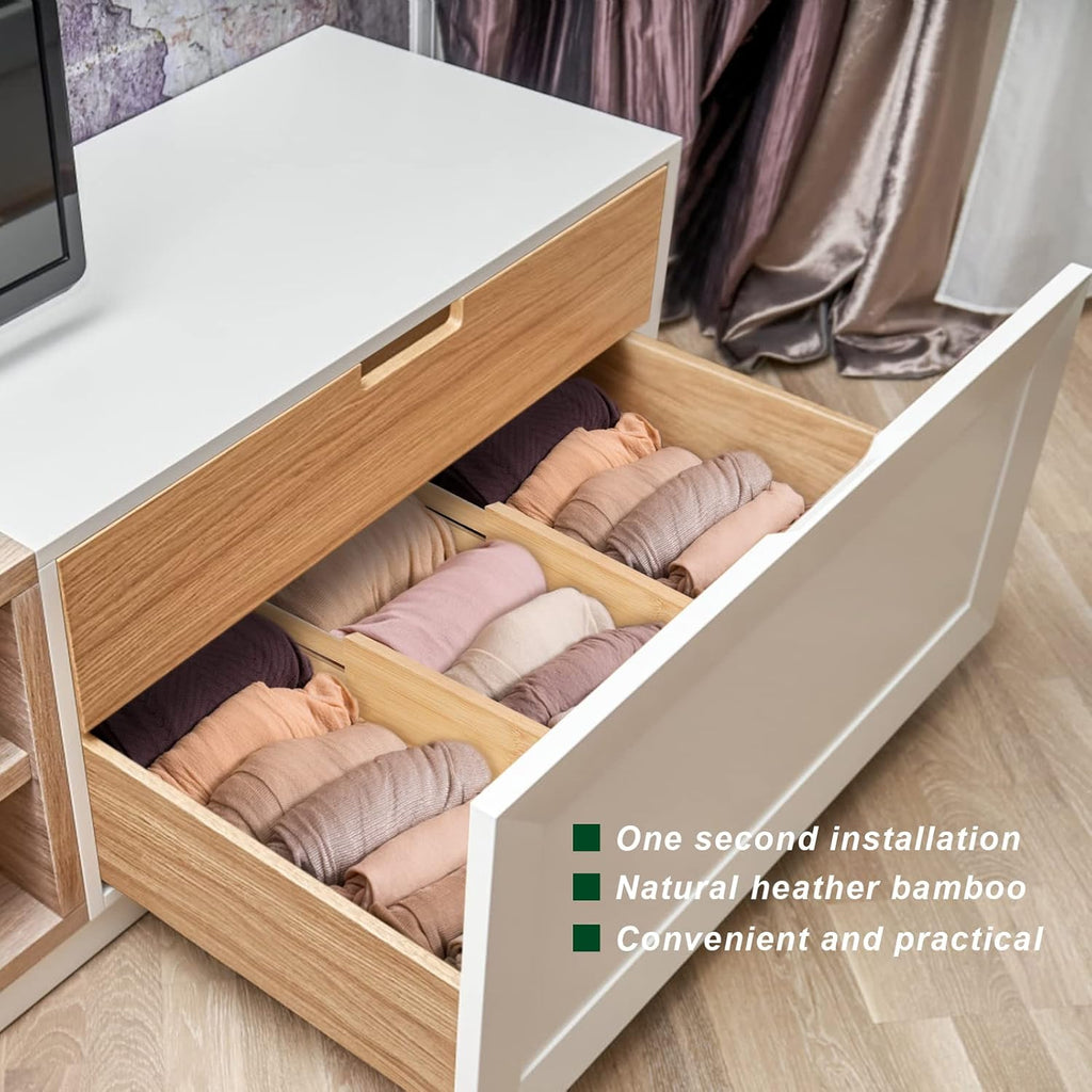 FJO 4 Pack Adjustable Bamboo Drawer Dividers - 12.5" - 21.7" Expandable Drawer Separators for Kitchen, Utensils, Clothes, Bedroom, Dresser, Bathroom (Beige)
